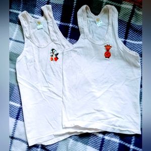 Kids White Cotton Sleeveless Tank Top with Fun Motifs - Set of 2
